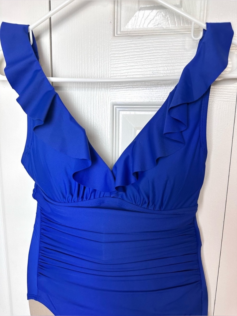 New DKNY Blue Ruffle One Piece Swimsuit Women’s Size S Ruched Tummy Control - Picture 2 of 11